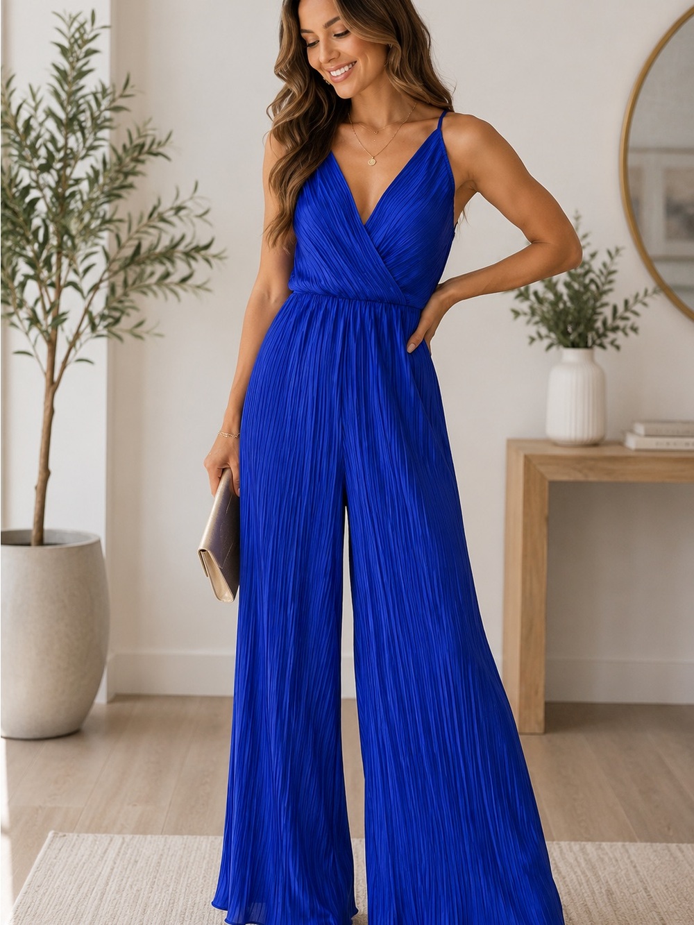 NWOT Beyond Words Royal Blue Pleated Wide Leg V-Neck Jumpsuit Sleeveless Resort